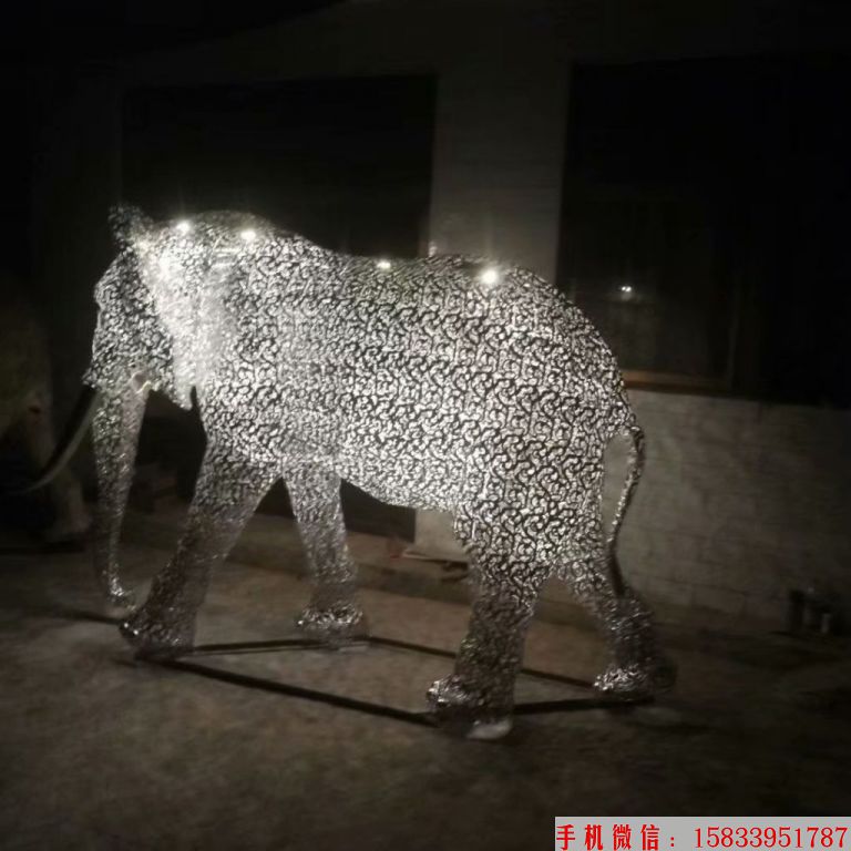 不銹鋼鏤空大象雕塑，燈光大象雕塑，夜景大象雕塑3