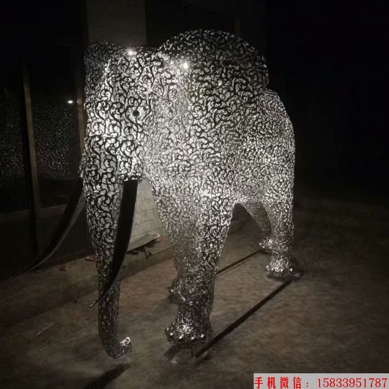 不锈钢镂空大象雕塑，灯光大象雕塑，夜景大象雕塑5