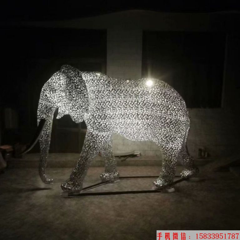 不銹鋼鏤空大象雕塑，燈光大象雕塑，夜景大象雕塑4